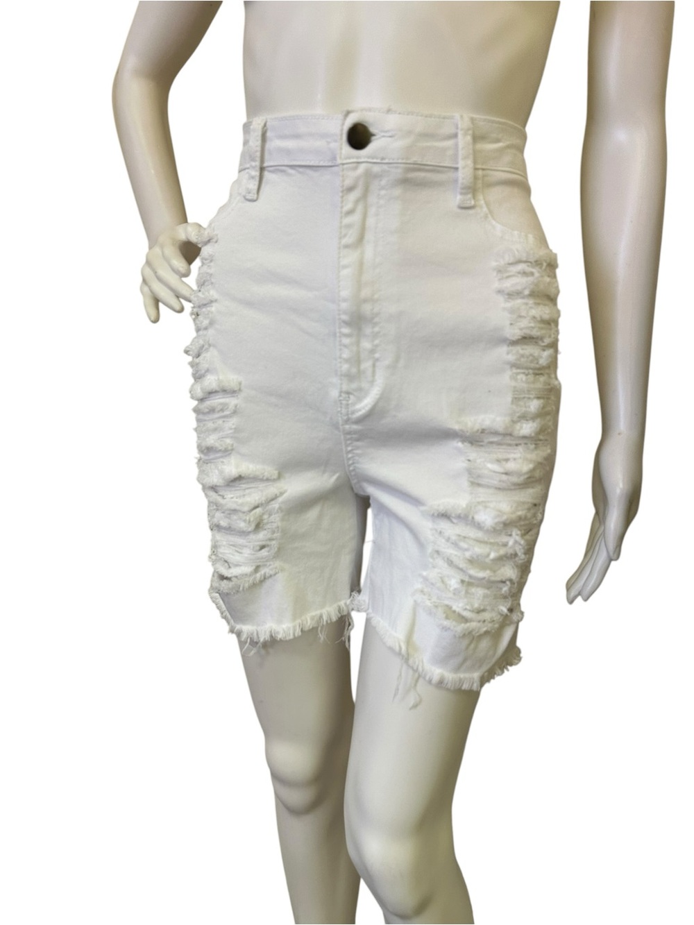 Haley Denim Bermuda Shorts - White High-Waist White Distressed Denim Shorts